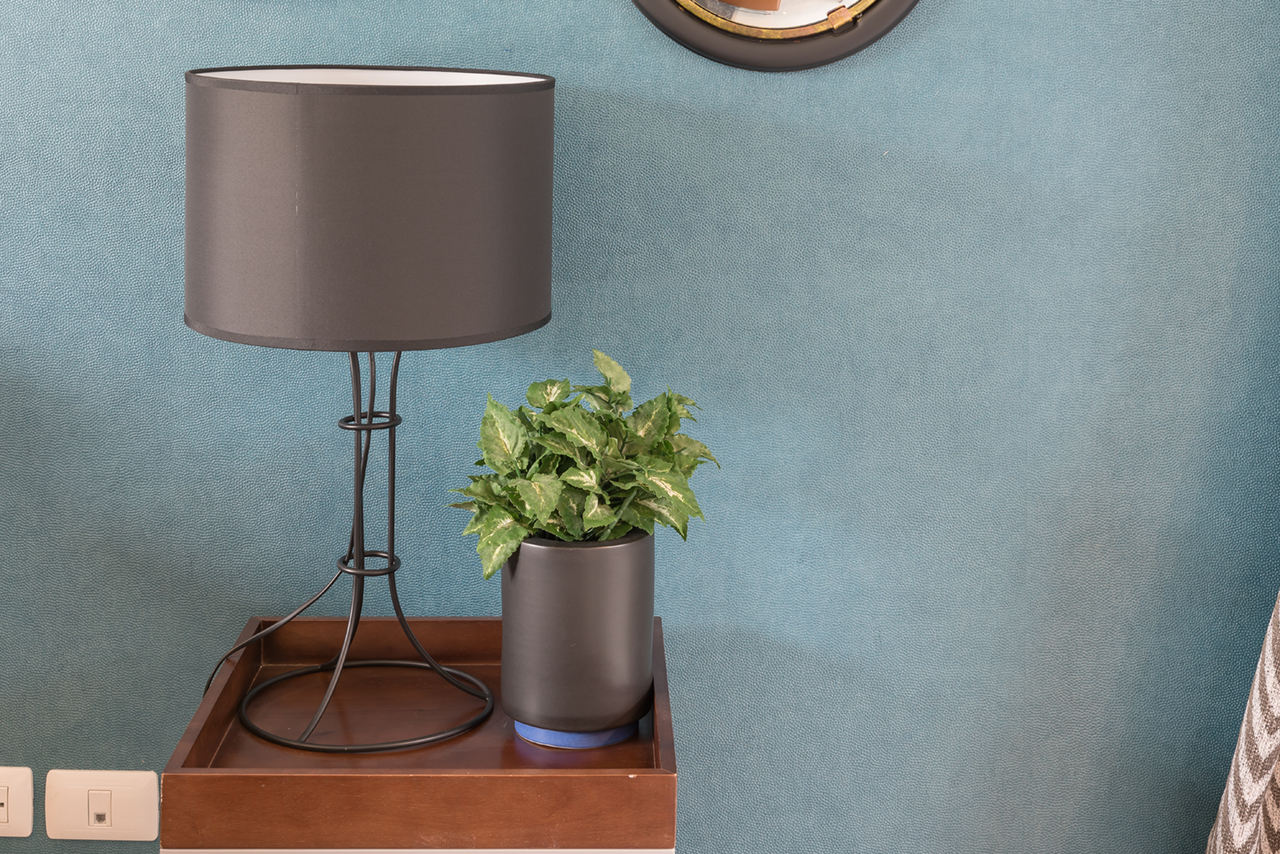 wooden table side with modern lamp